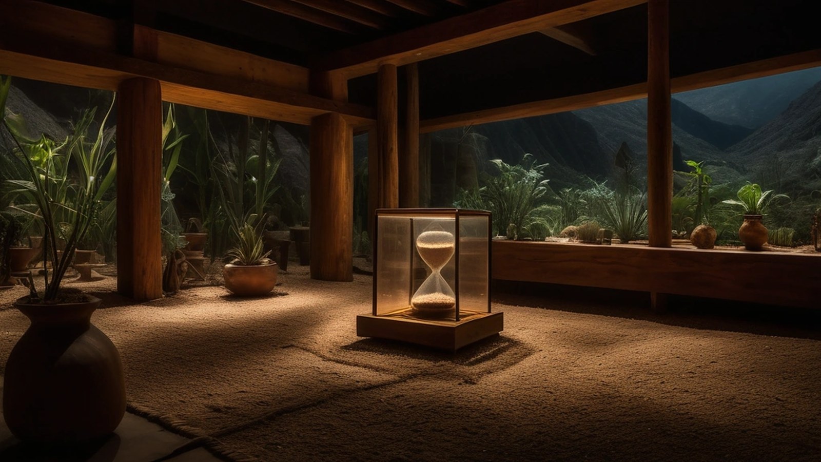 Sala de museo oscura con un gran reloj de arena luminoso al centro y proyecciones de un bosque, un glaciar y una ciudad con smog en los muros