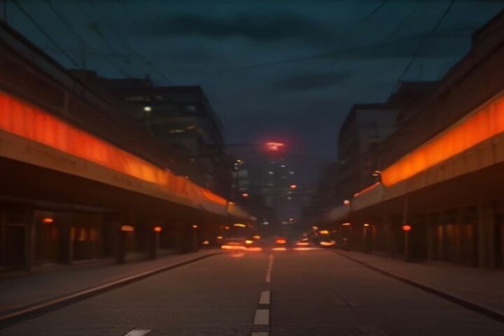 Avenida urbana de noche bajo cielo nublado, con luces anaranjadas en las fachadas de ambos lados y destellos de autos al fondo