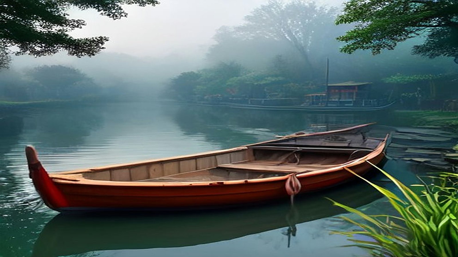 Trajinera de madera de colores amarrada en un canal tranquilo rodeado de árboles y neblina de la mañana
