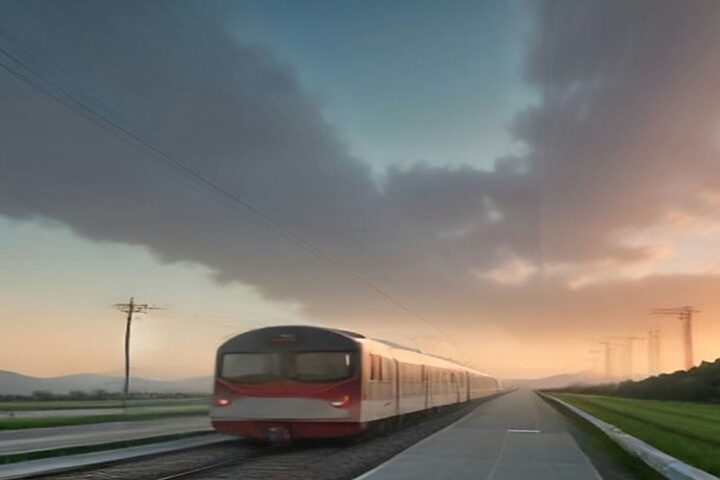 Tren de pasajeros blanco y rojo avanzando por las vías junto a un andén al atardecer, con campos verdes, postes de luz y montañas al fondo