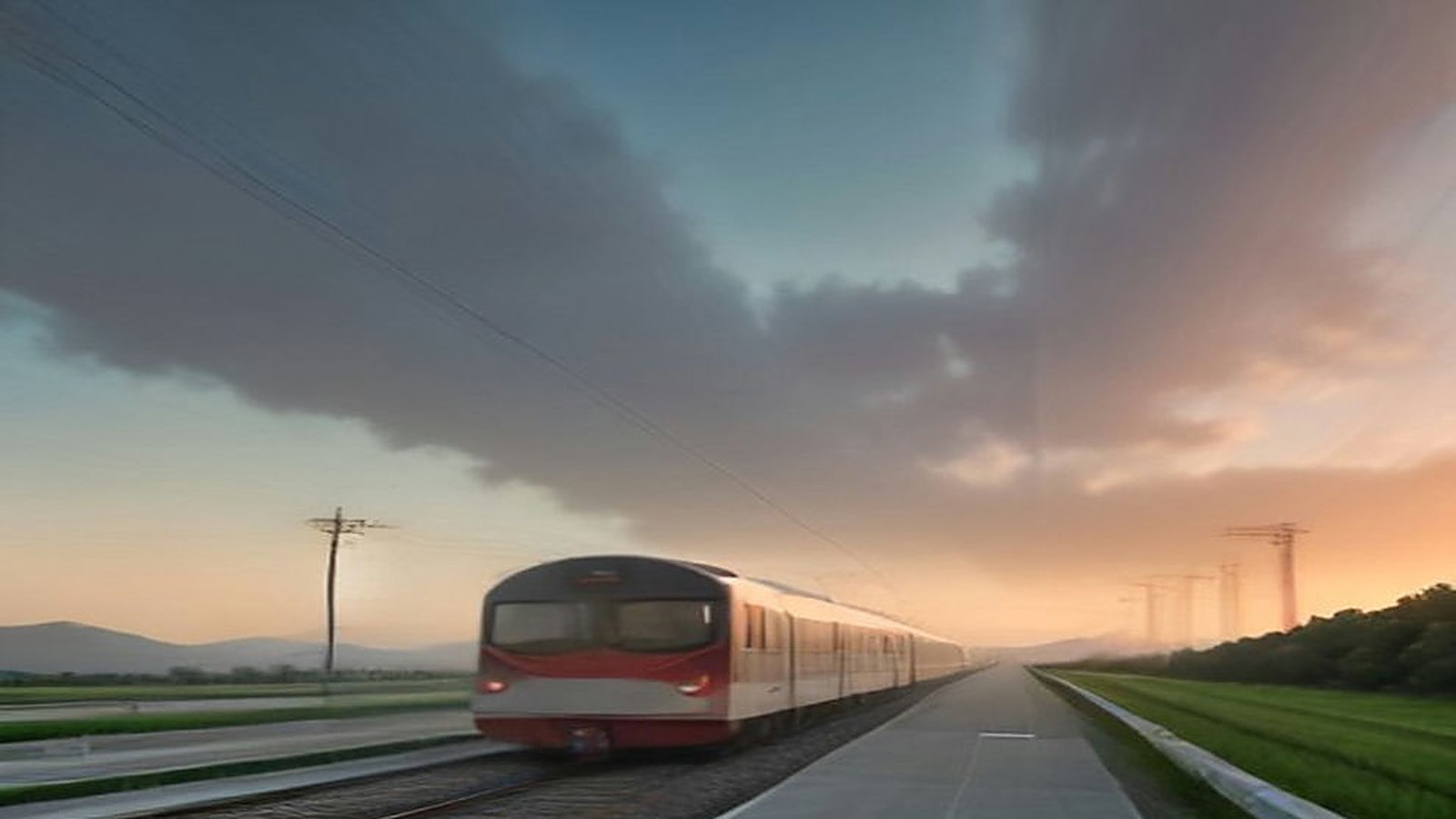 Tren de pasajeros blanco y rojo avanzando por las vías junto a un andén al atardecer, con campos verdes, postes de luz y montañas al fondo