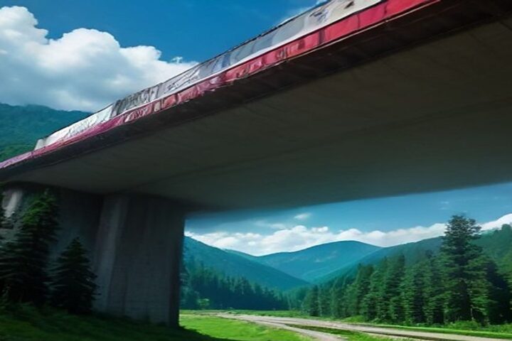 Tren eléctrico blanco con franja roja sobre un viaducto elevado de concreto entre bosque de pinos y montañas bajo un cielo azul con nubes