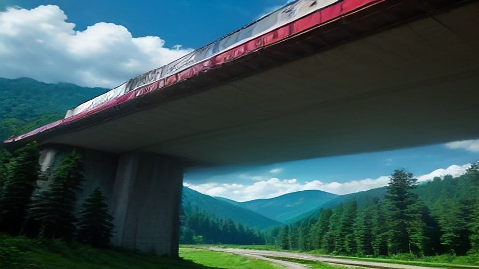 Tren eléctrico blanco con franja roja sobre un viaducto elevado de concreto entre bosque de pinos y montañas bajo un cielo azul con nubes