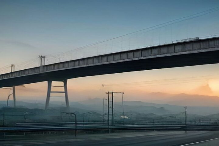 Viaducto elevado de concreto con cables aéreos sobre una autopista amplia al amanecer, con cerros y casas al fondo