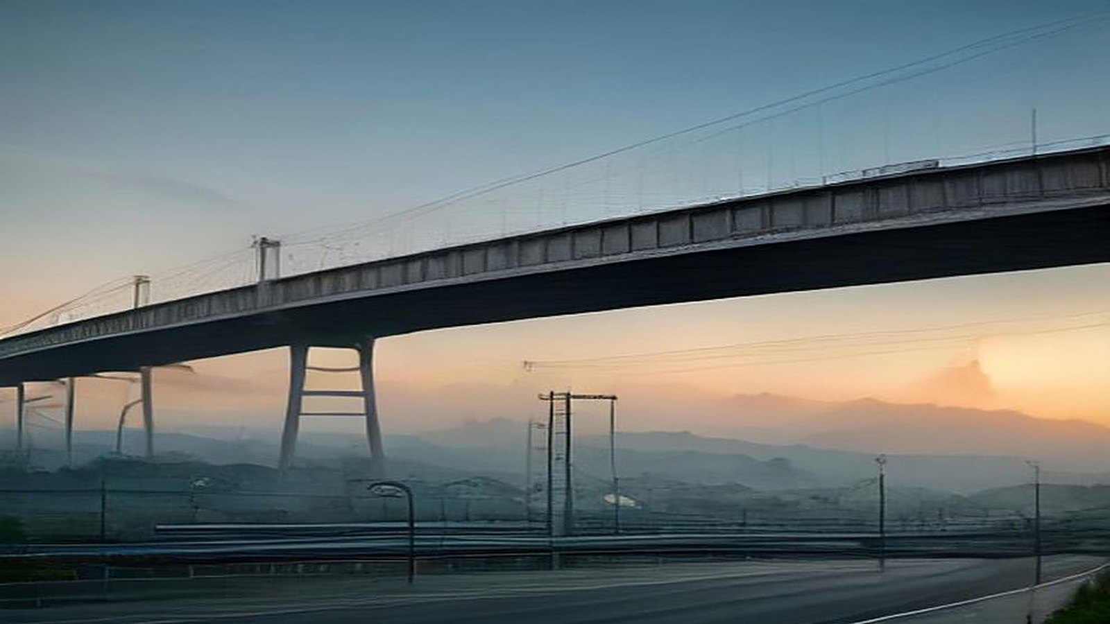 Viaducto elevado de concreto con cables aéreos sobre una autopista amplia al amanecer, con cerros y casas al fondo
