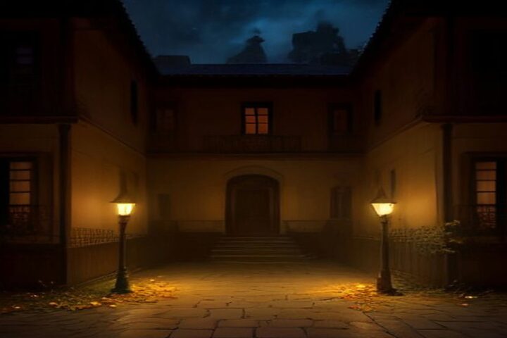 Patio de una antigua casona de noche, con dos faroles encendidos, balcones de herrería, ventanas iluminadas y hojas secas sobre el piso de piedra