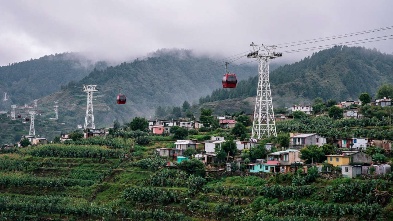 Cabinas de teleférico urbano suspendidas sobre campos de cultivo y casas de un pueblo en las laderas del sur de la Ciudad de México, con cerros verdes al fondo y cielo nublado